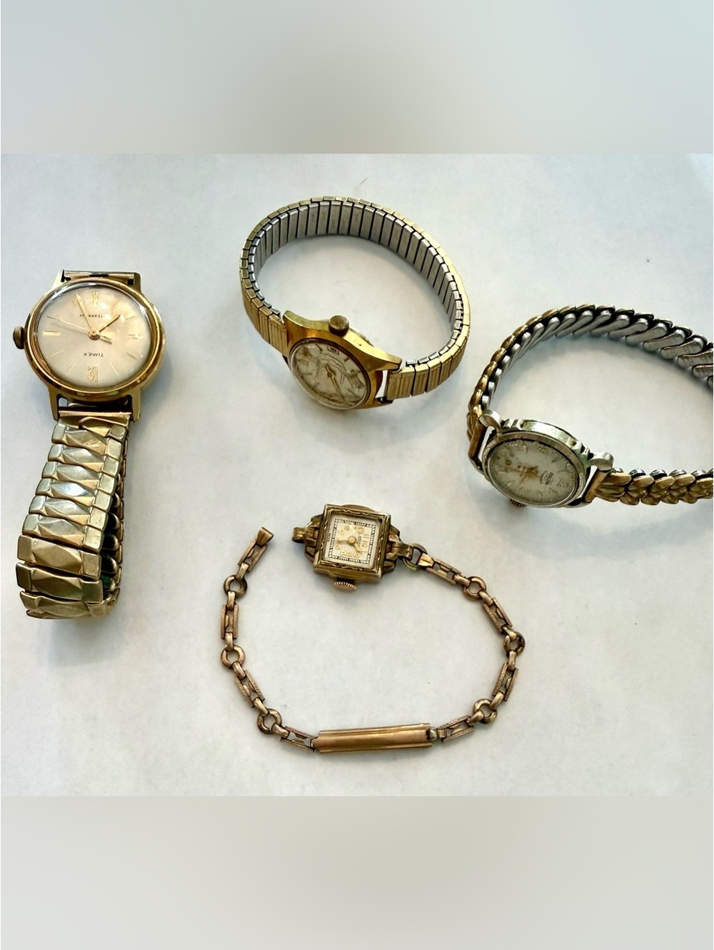 4 Vintage Women's Watches 40s-50s Monet Harmen Enicar Timex Dainty Gold Watches